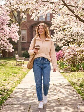 Saturday Sunday by Anthro M Half-Zip Drawstring Pullover Sweatshirt Blush pink